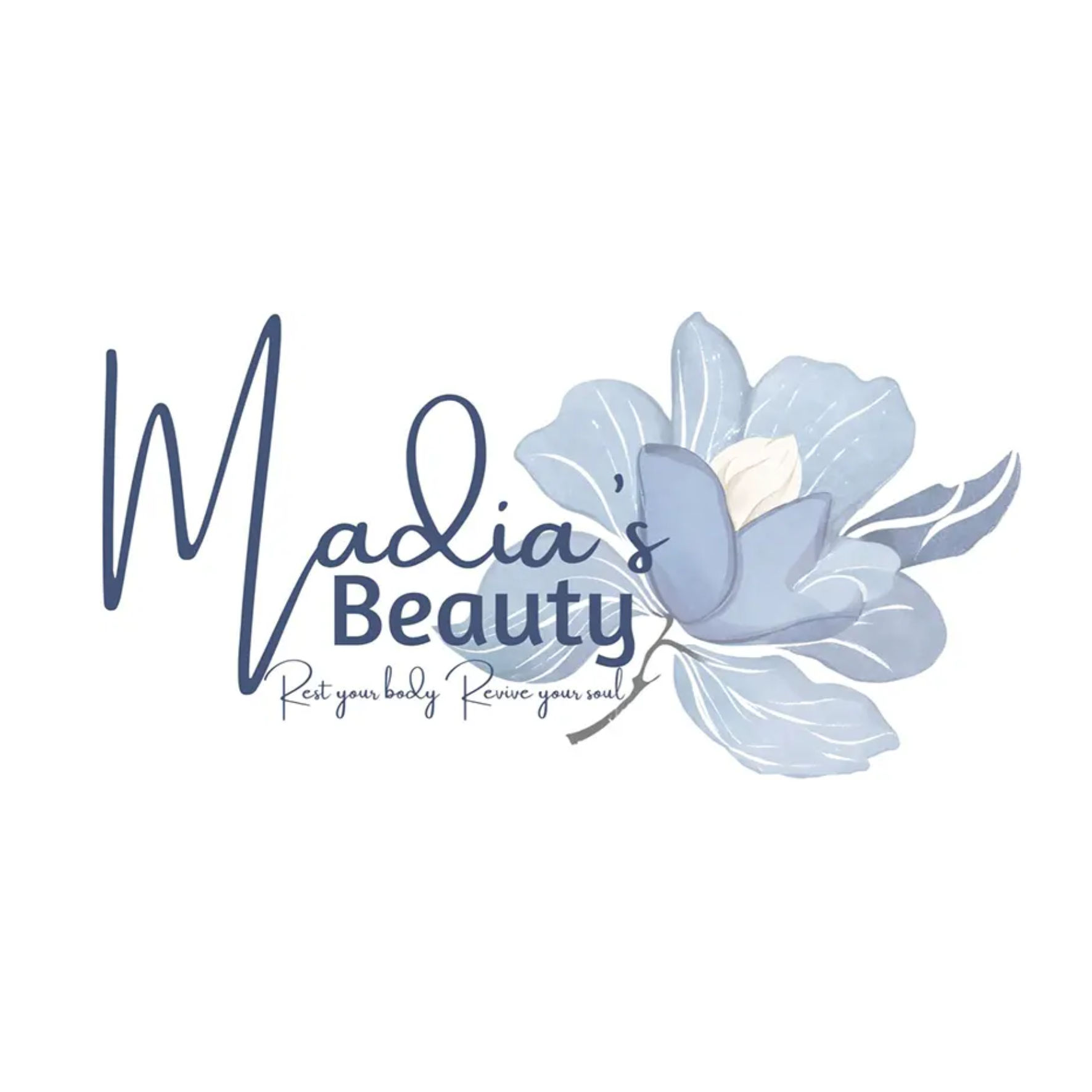 Logo for Madia's Beauty featuring stylized text with a large 'M' and a blue flower illustration, accompanied by the tagline 'Rest your body Revive your soul' in cursive.